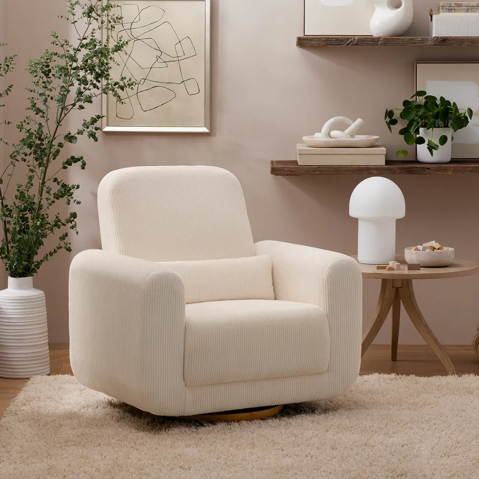 Babyletto Tuba Extra Wide Swivel Glider - Ivory Corduroy w/ Light Wood Base