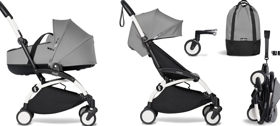 Babyzen YOYO2 Ultra Compact Complete 6+ Stroller with Bassinet & Rolling Bag Bundle - White/Grey