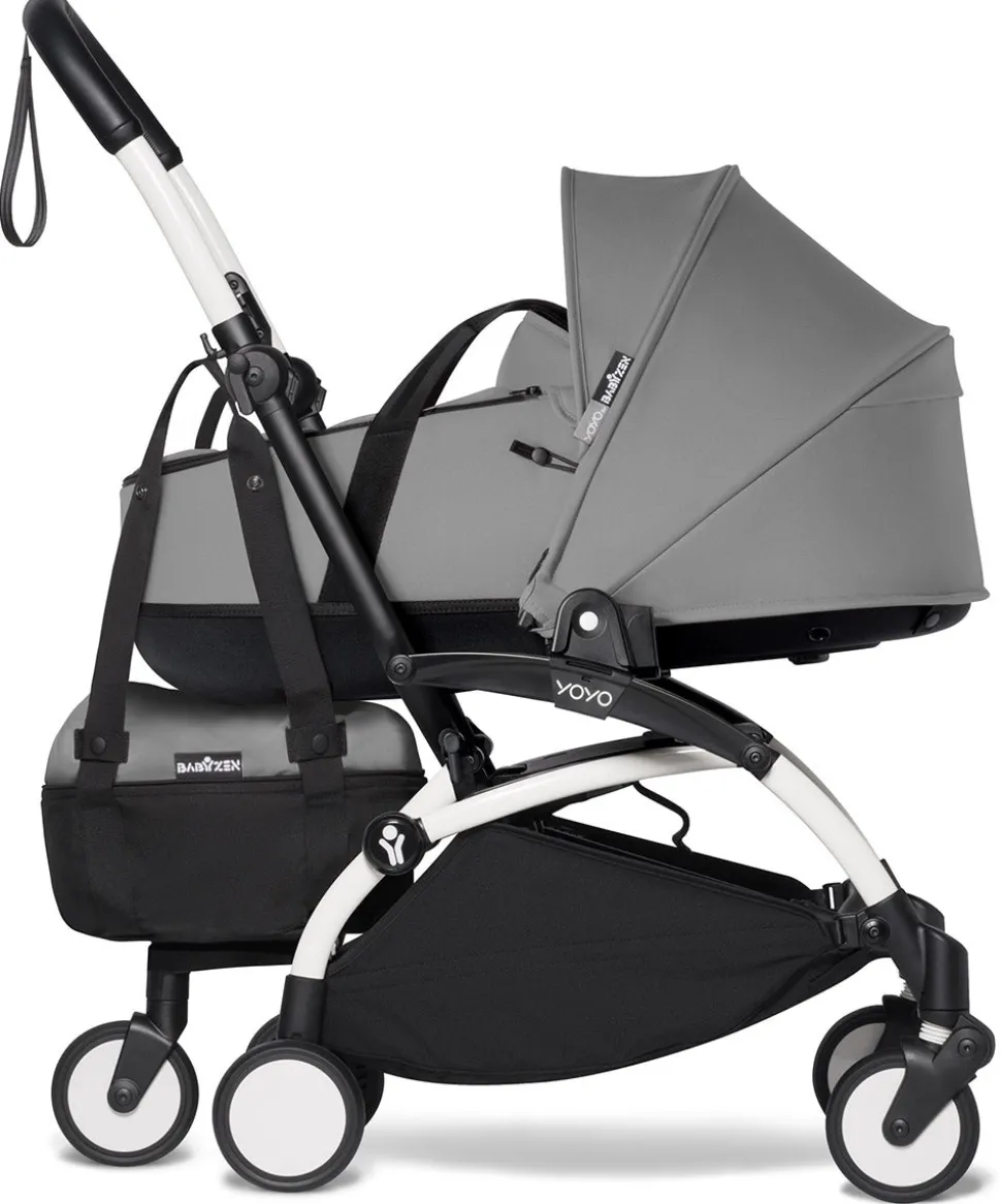 Babyzen YOYO2 Ultra Compact Complete 6+ Stroller with Bassinet & Rolling Bag Bundle - White/Grey