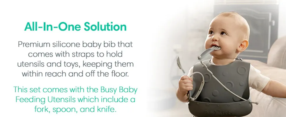 Busy Baby Bungee Bib & Utensil Bundle - Pewter