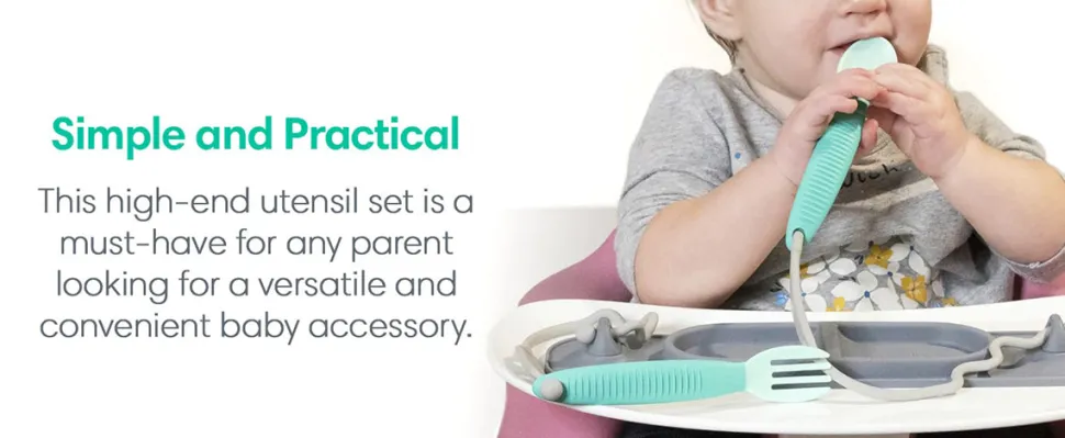 Busy Baby Bungee Bib & Utensil Bundle - Pewter