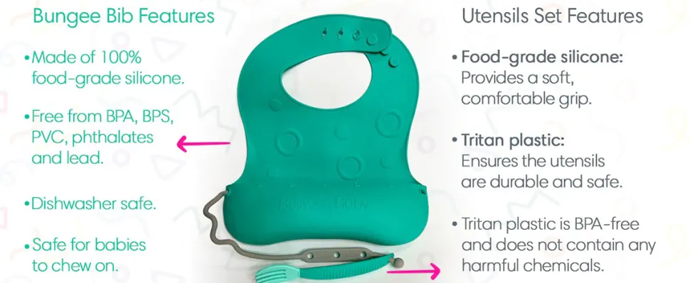 Busy Baby Bungee Bib & Utensil Bundle - Pewter