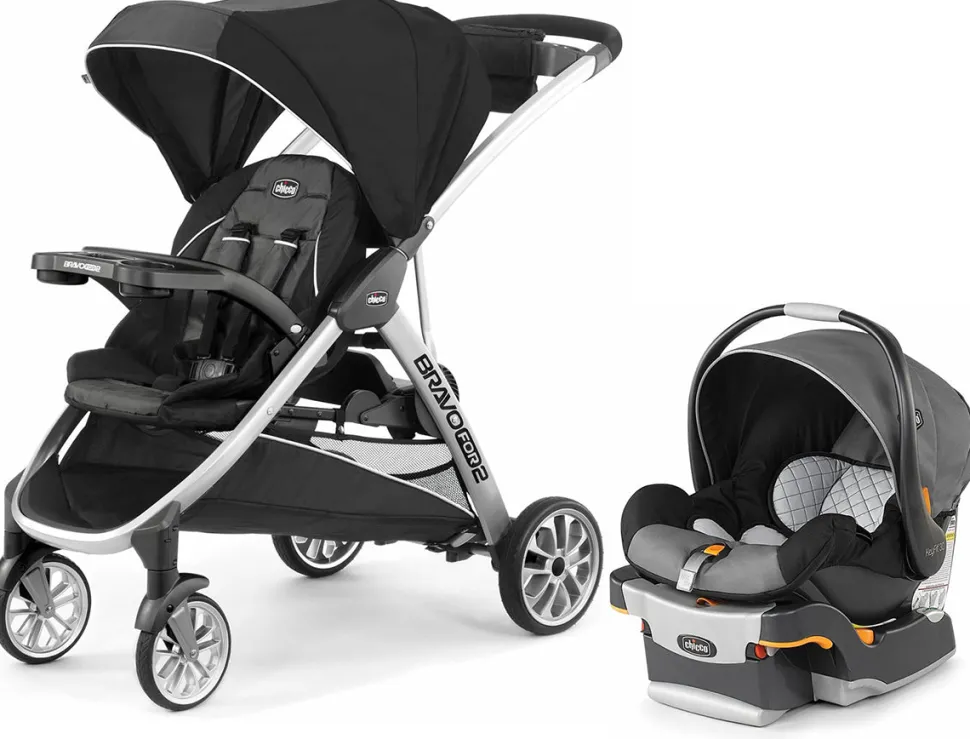 Chicco BravoFor2 Standing/Sitting Double Stroller + Keyfit 30 Travel System Bundle - Iron / Orion