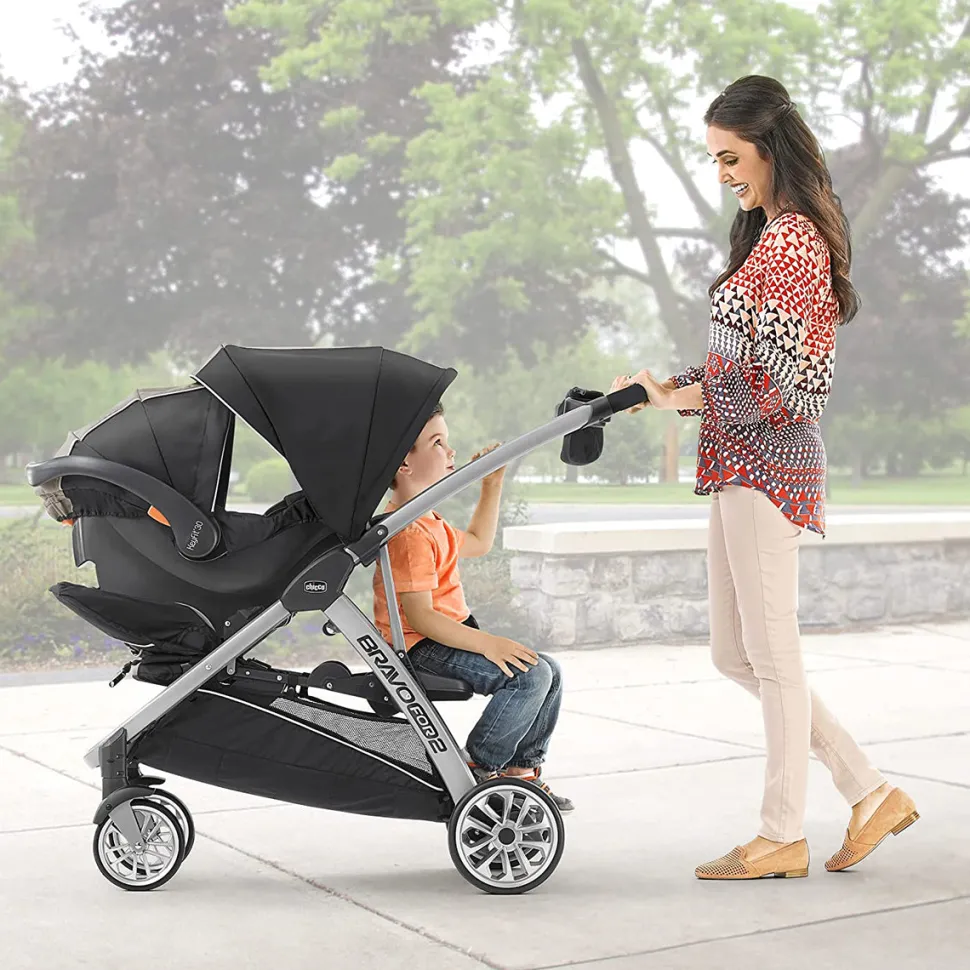 Chicco BravoFor2 Standing/Sitting Double Stroller + Keyfit 30 Travel System Bundle - Iron / Orion