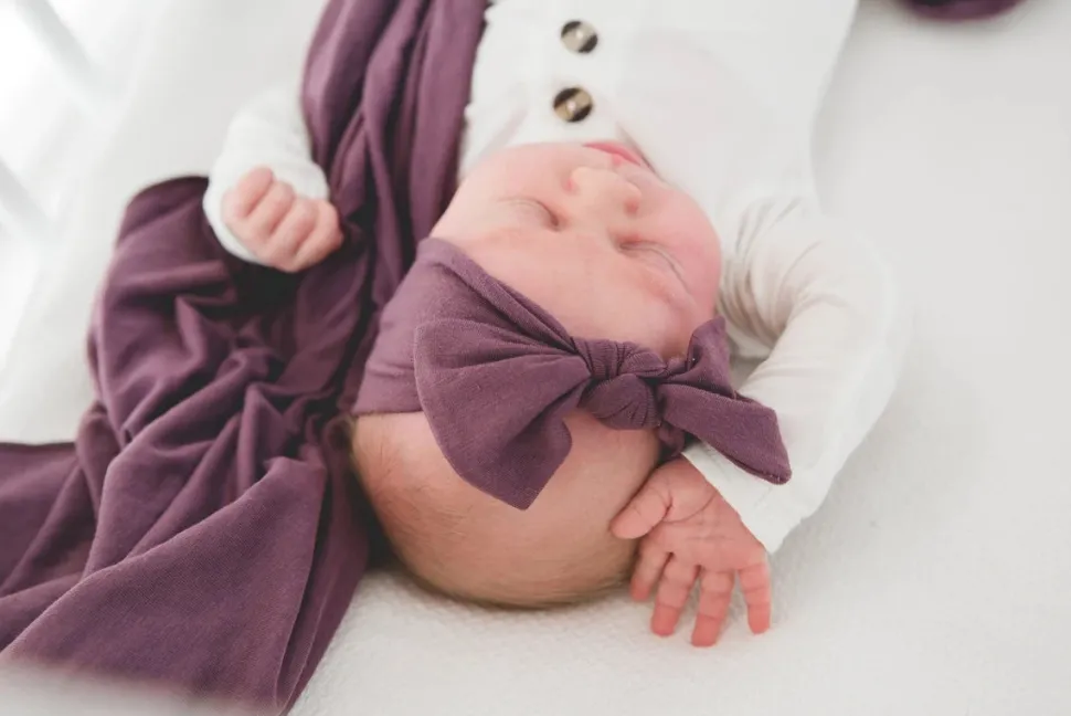 Copper Pearl Knit Headband Bow - Plum