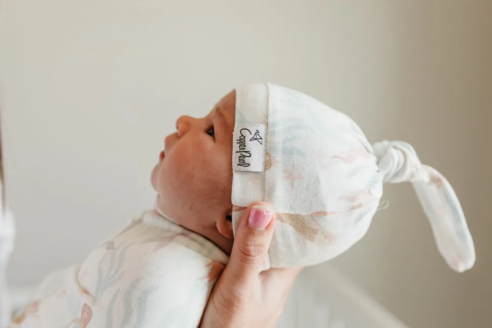 Copper Pearl Newborn Top Knot Hat - Coral