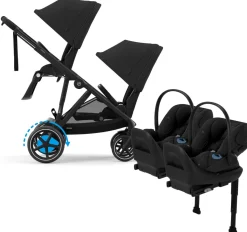 Cybex eGazelle S Double Stroller + Cloud G Lux SensorSafe Twin Travel System Bundle - Black Frame / Moon Black / Moon Black