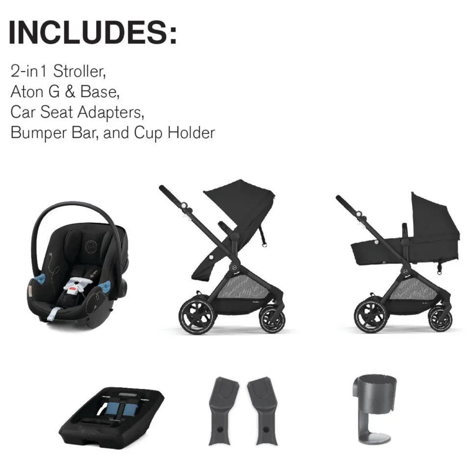 Cybex EOS 5-in-1 Travel System Stroller + Lightweight Aton G Infant Car Seat - Black / Moon Black