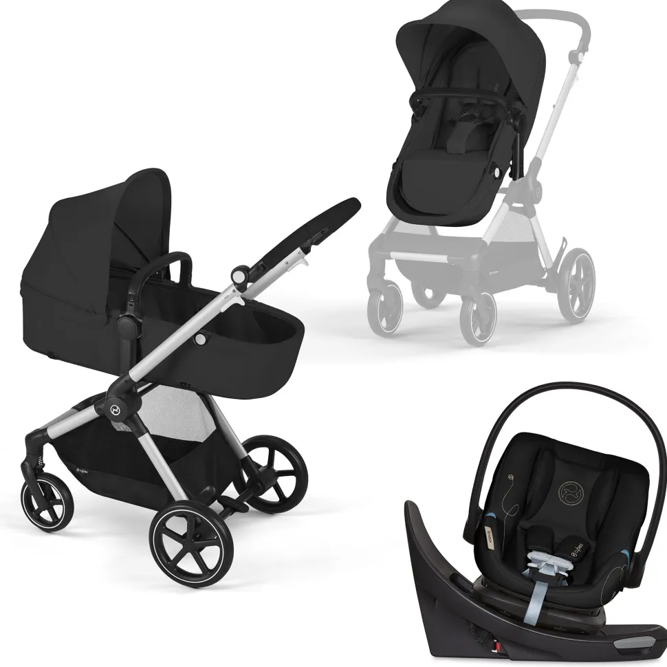 Cybex EOS 5-in-1 Travel System Stroller + Lightweight Aton G Swivel with SensorSafe - Silver / Moon Black