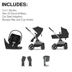 Cybex EOS 5-in-1 Travel System Stroller + Lightweight Aton G Swivel with SensorSafe - Silver / Moon Black