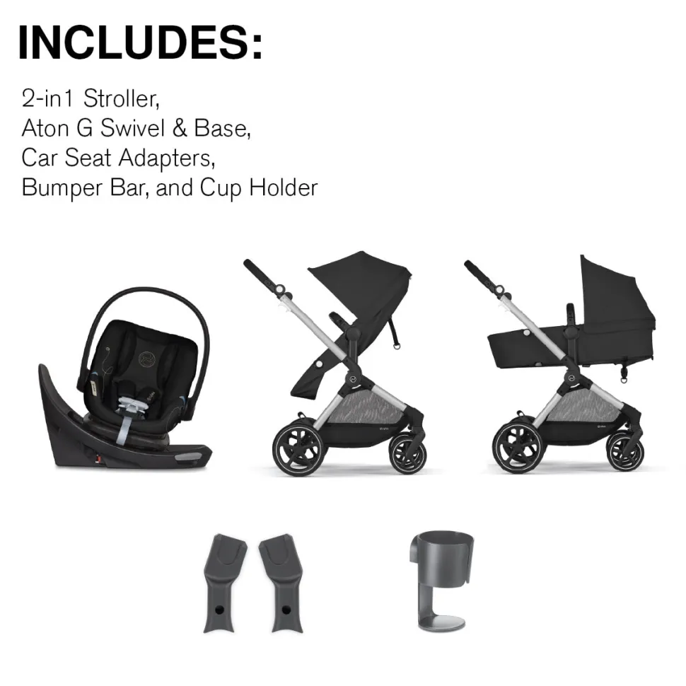 Cybex EOS 5-in-1 Travel System Stroller + Lightweight Aton G Swivel with SensorSafe - Silver / Moon Black