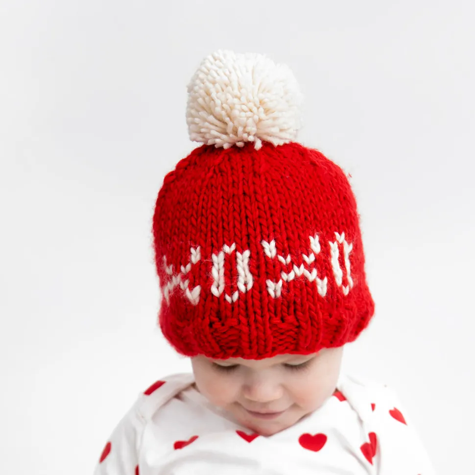 Huggalugs XOXO Valentine's Day Hand Knit Beanie Hat - Red, Small (0-6 months)
