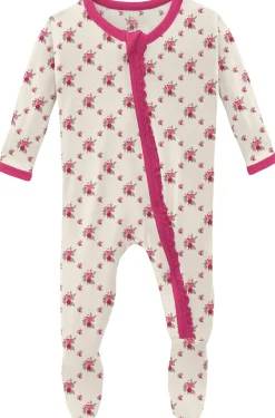 KicKee Pants Muffin Ruffle Footie with Zipper - Natural Rose Trellis, 0-3 Months