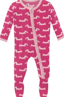 KicKee Pants Muffin Ruffle Footie with Zipper - Calypso Pretzel Pup, 0-3 Months