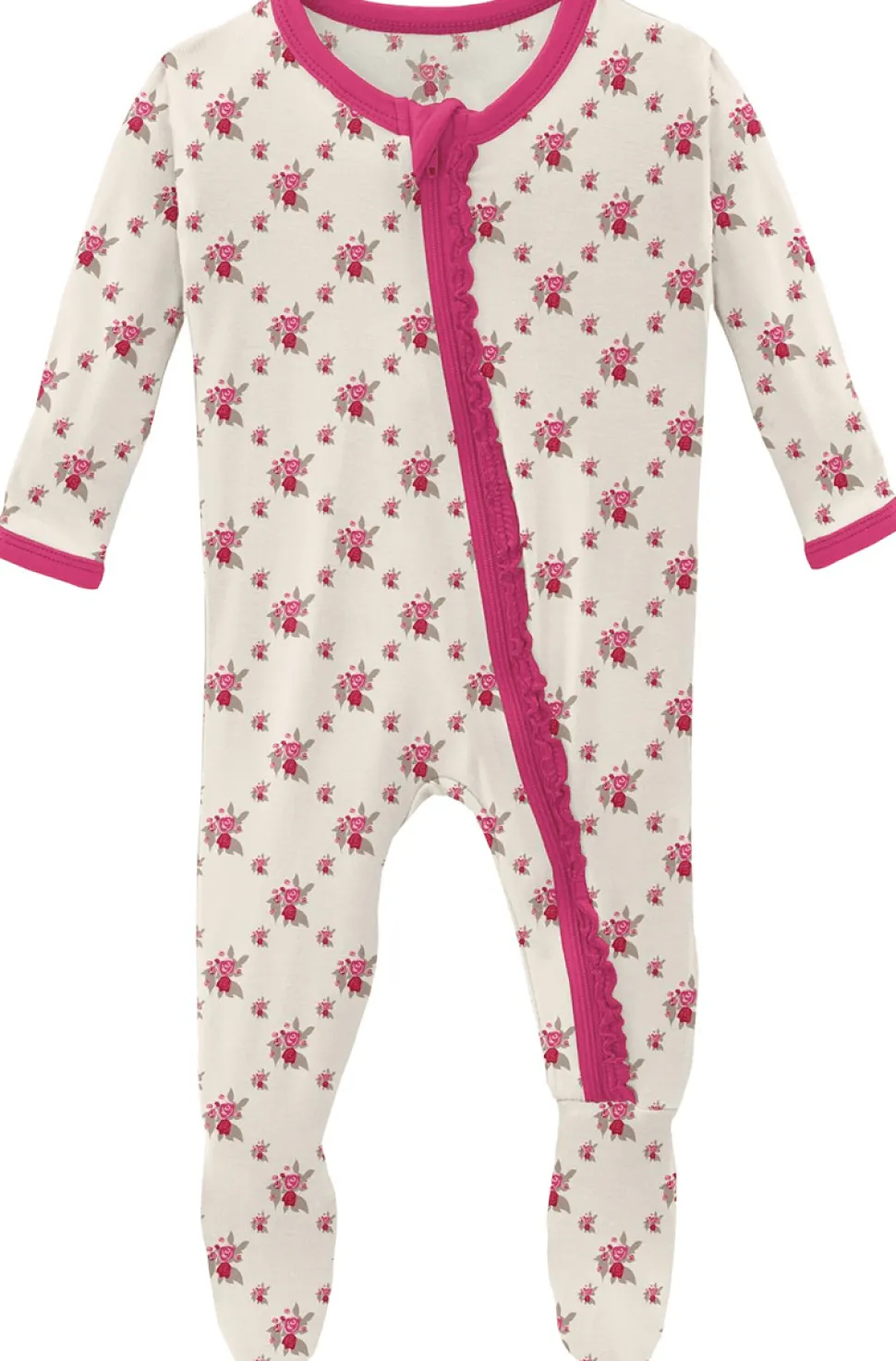 KicKee Pants Muffin Ruffle Footie with Zipper - Natural Rose Trellis, Newborn