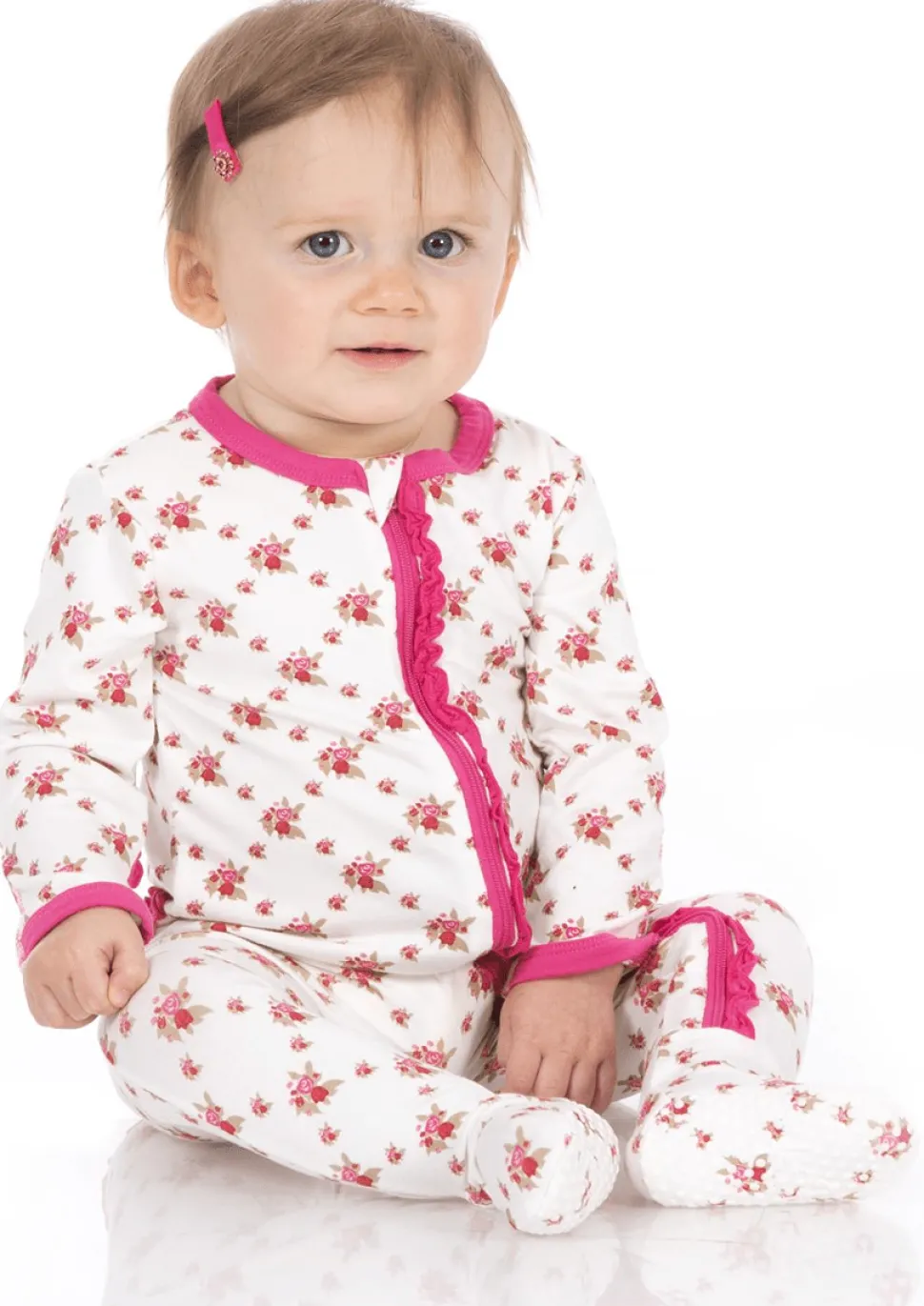 KicKee Pants Muffin Ruffle Footie with Zipper - Natural Rose Trellis, Newborn