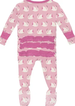 KicKee Pants Print Classic Ruffle Footie with 2 Way Zipper - Cake Pop Swan Princess, 3-6 Months