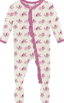KicKee Pants Print Classic Ruffle Footie with 2 Way Zipper - Natural Axolotl Party, 0-3 Months