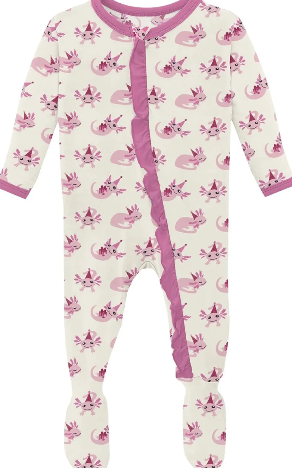 KicKee Pants Print Classic Ruffle Footie with 2 Way Zipper - Natural Axolotl Party, 3-6 Months