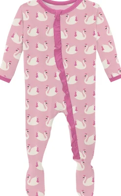 KicKee Pants Print Classic Ruffle Footie with 2 Way Zipper - Cake Pop Swan Princess, 0-3 Months