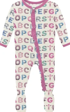 KicKee Pants Print Classic Ruffle Footie with 2 Way Zipper - Natural ABC Monsters, Newborn