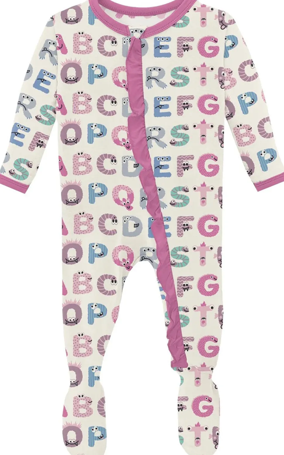 KicKee Pants Print Classic Ruffle Footie with 2 Way Zipper - Natural ABC Monsters, Newborn