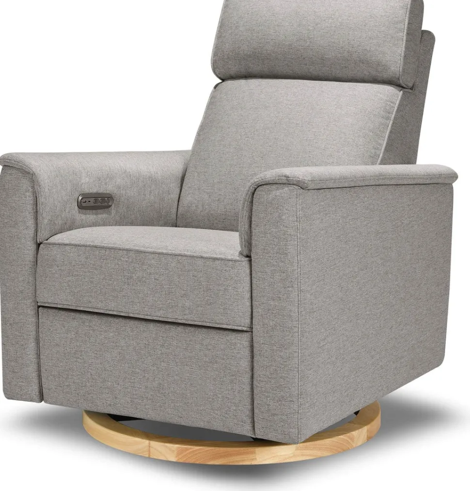 Monogram by Namesake Willa Plus Electric Glider Recliner w/ Electric Headrest - Performance Grey Eco-Weave w/Light Wood Base