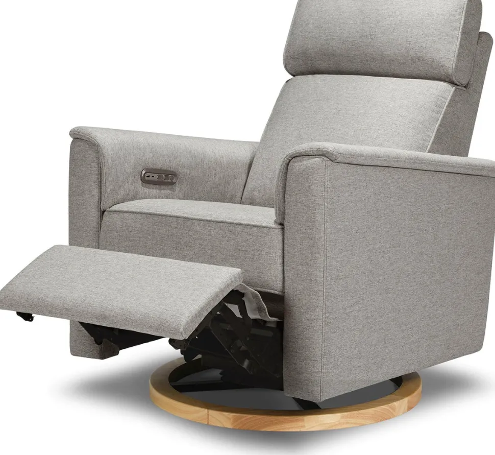 Monogram by Namesake Willa Plus Electric Glider Recliner w/ Electric Headrest - Performance Grey Eco-Weave w/Light Wood Base