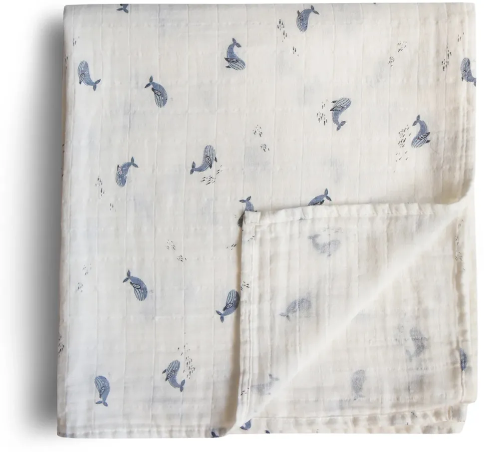 Mushie Organic Cotton Muslin Swaddle Blanket - Whales