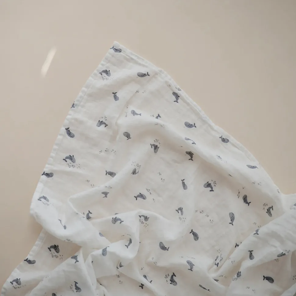 Mushie Organic Cotton Muslin Swaddle Blanket - Whales
