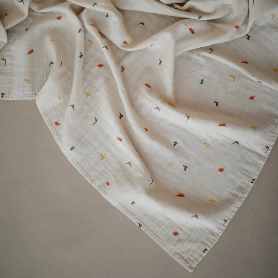Mushie Organic Cotton Muslin Swaddle Blanket - Dinosaurs