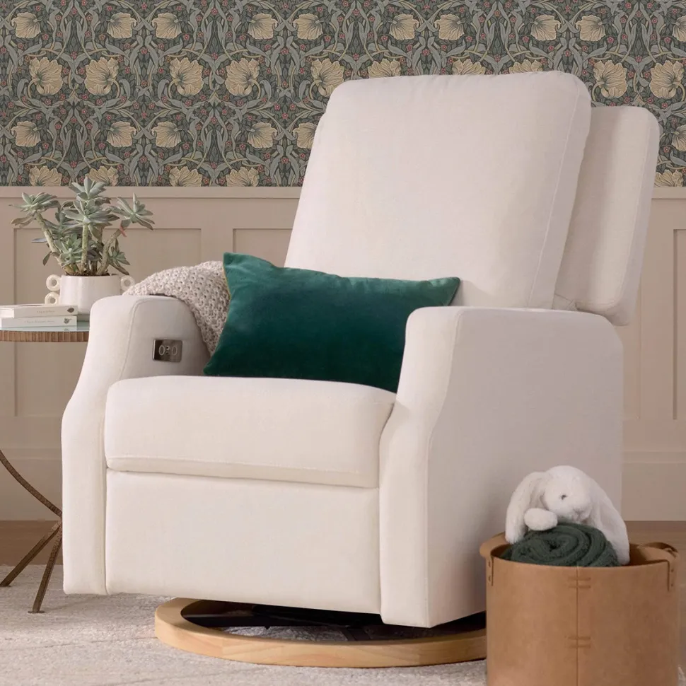 Namesake Crewe Electronic Swivel Glider Recliner w/ USB - Performance Cream Eco-Weave w/Light Wood Base