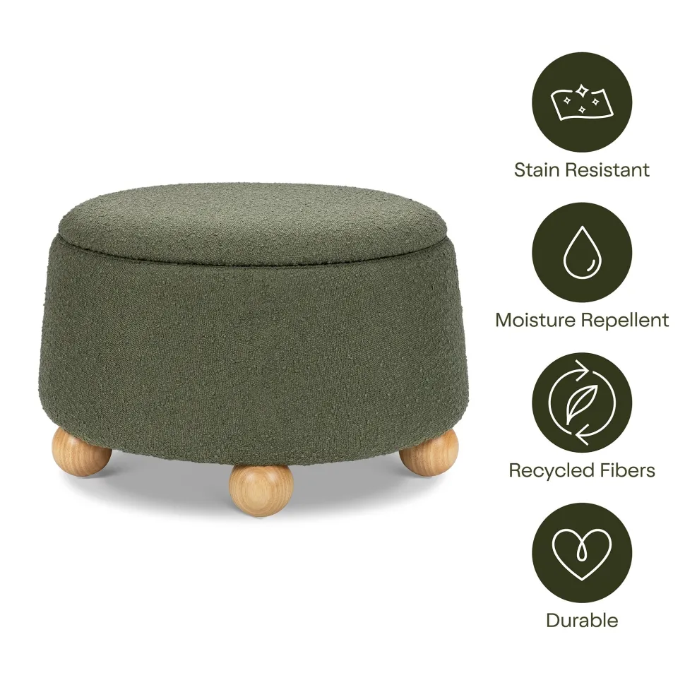 Namesake Tuffet Storage Ottoman - Performance Olive Boucle with Honey Ball Feet