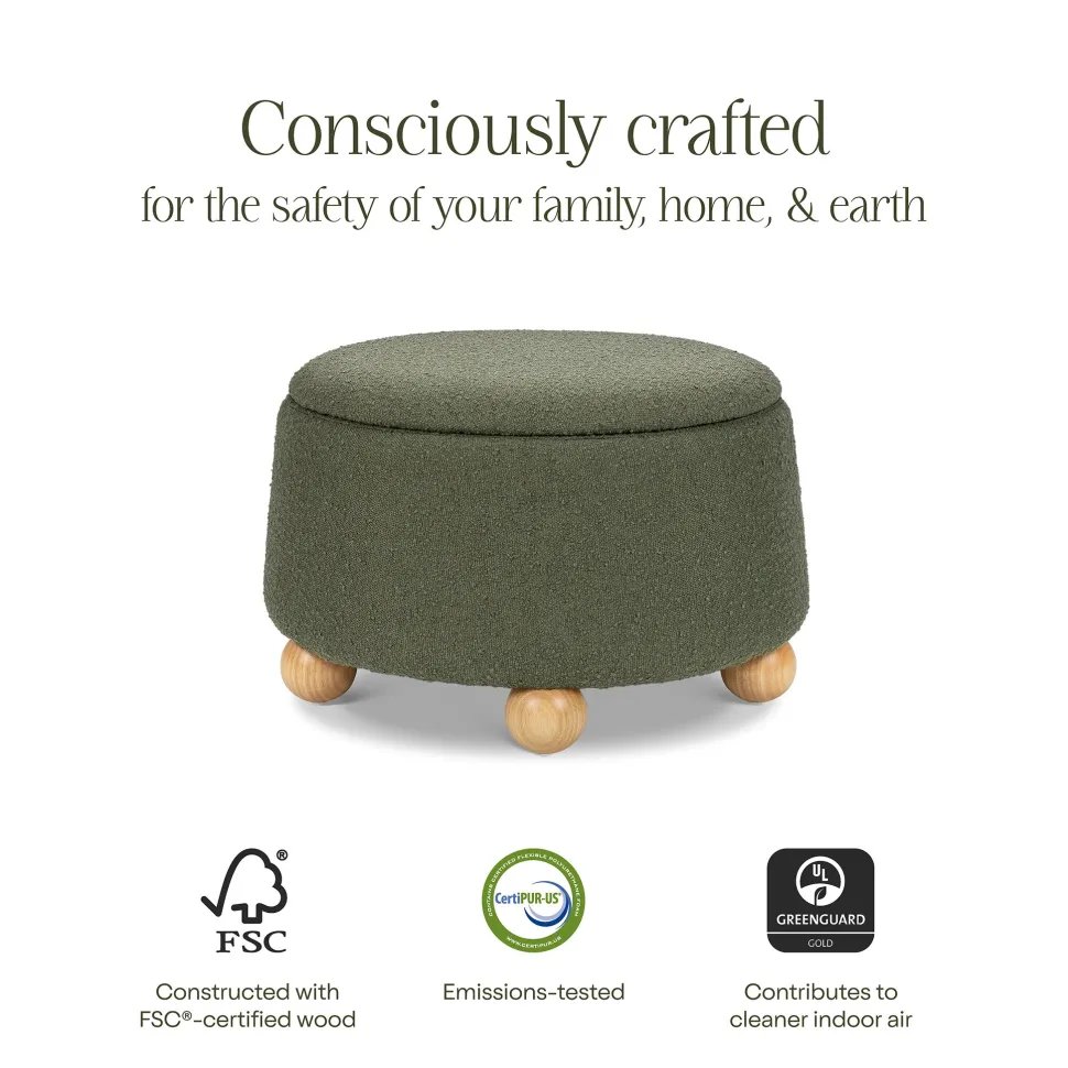 Namesake Tuffet Storage Ottoman - Performance Olive Boucle with Honey Ball Feet
