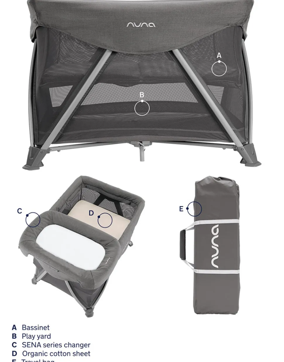 Nuna SENA Aire Playard with Zip-Off Bassinet + Changer (One Box) - Granite