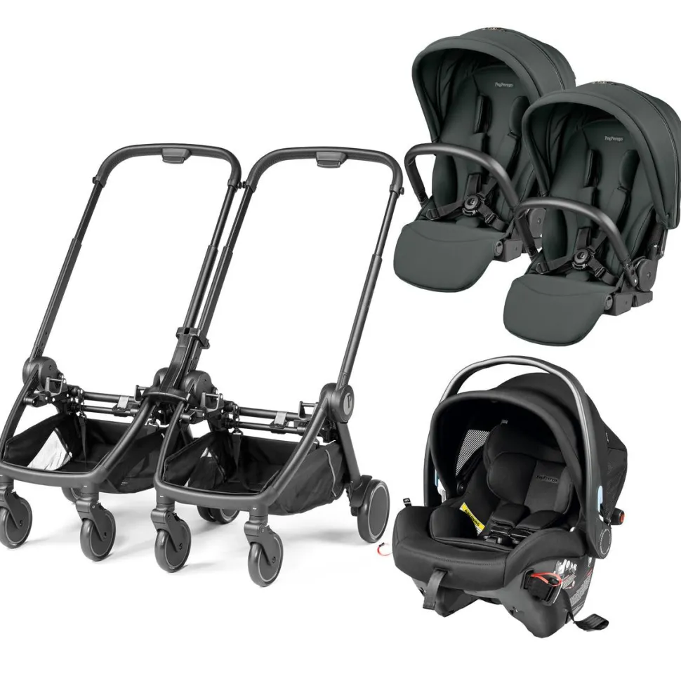 Peg Perego City Loop Double Stroller + Primo Viaggio Urban Mobility Travel System Bundle - Black / Metal / True Black