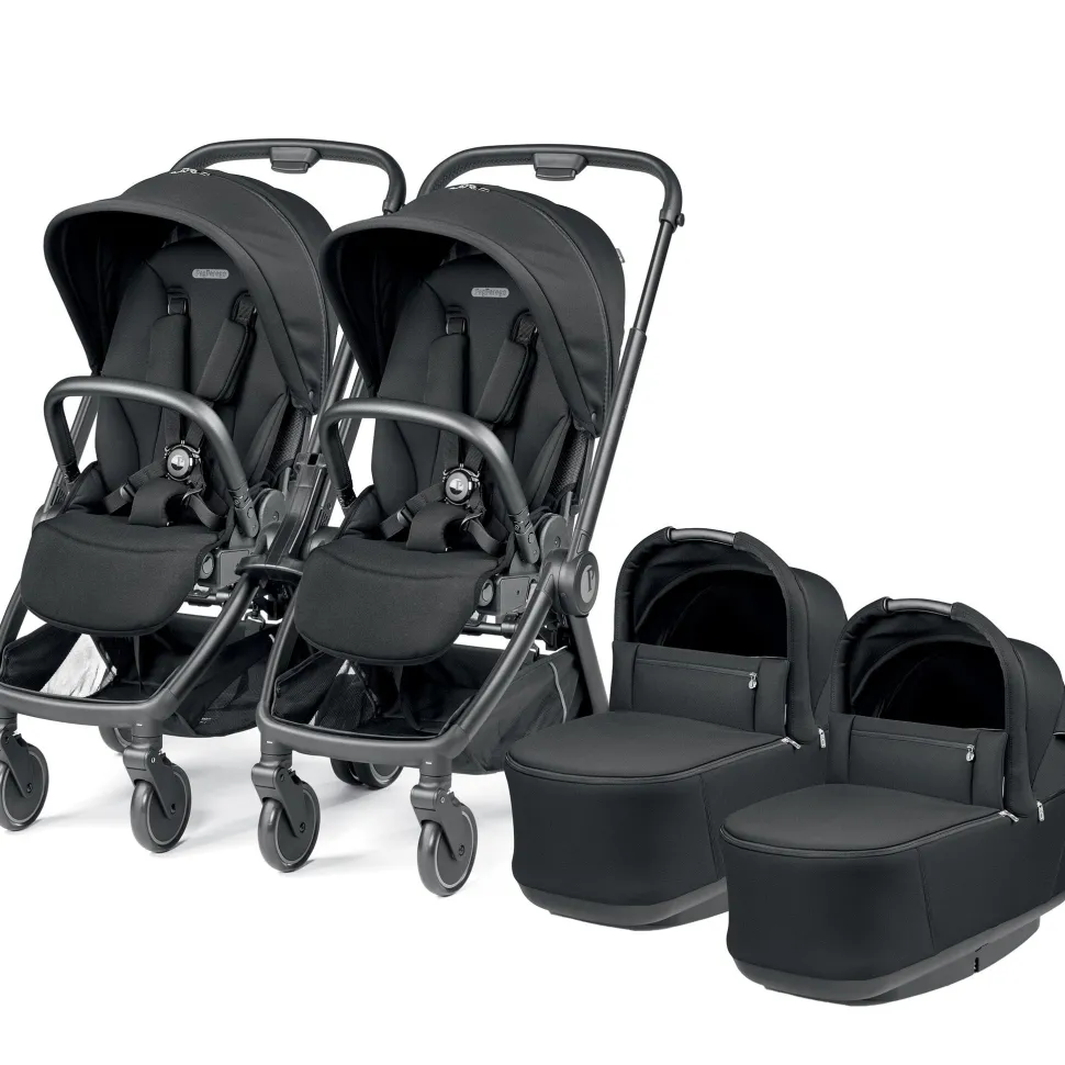 Peg Perego City Loop Twin Stroller + Pop Up Bassinet With Stand Bundle - Black / True Black / True Black
