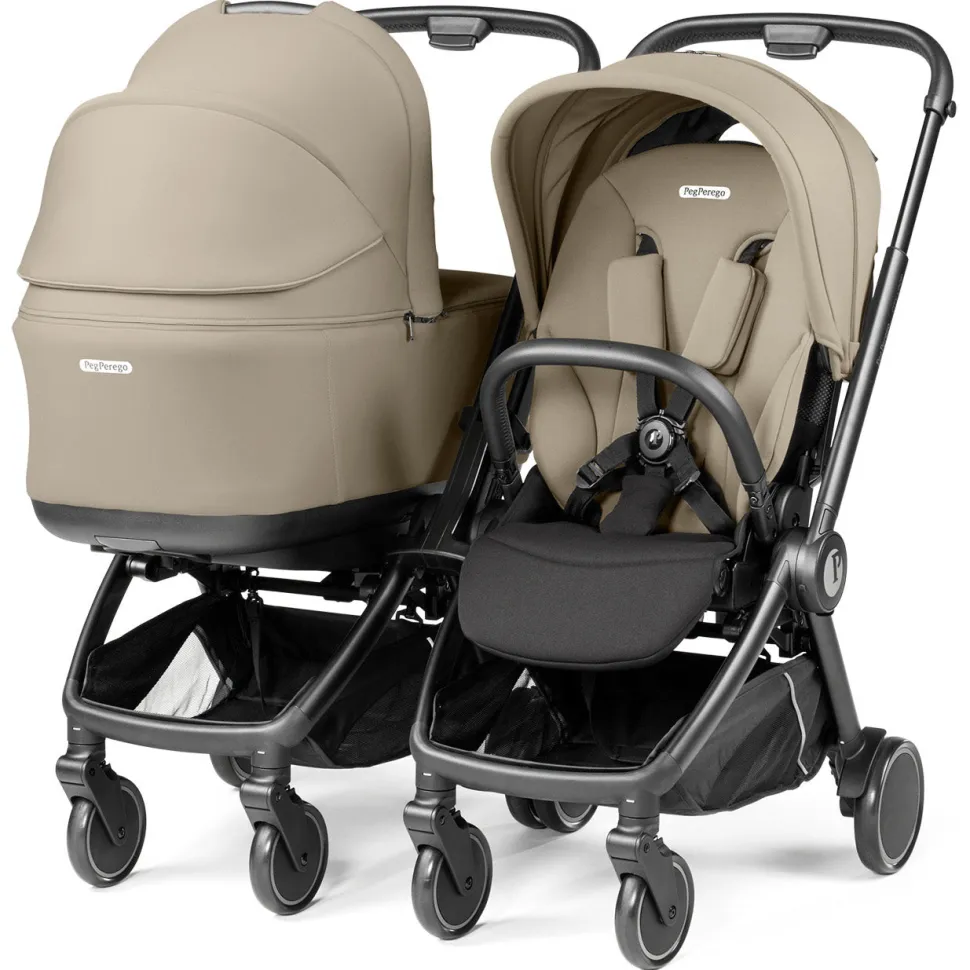 Peg Perego City Loop Twin Stroller + Pop Up Bassinet With Stand Bundle - Black / True Black / True Black