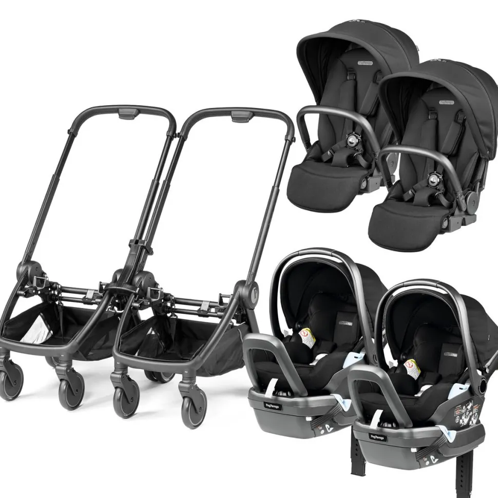 Peg Perego City Loop Twin Stroller + Primo Viaggio Lounge Travel System Bundle - Black / True Black / True Black