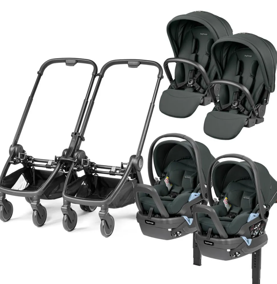 Peg Perego City Loop Twin Stroller + Primo Viaggio Lounge Travel System Bundle - Black / Metal / Metal