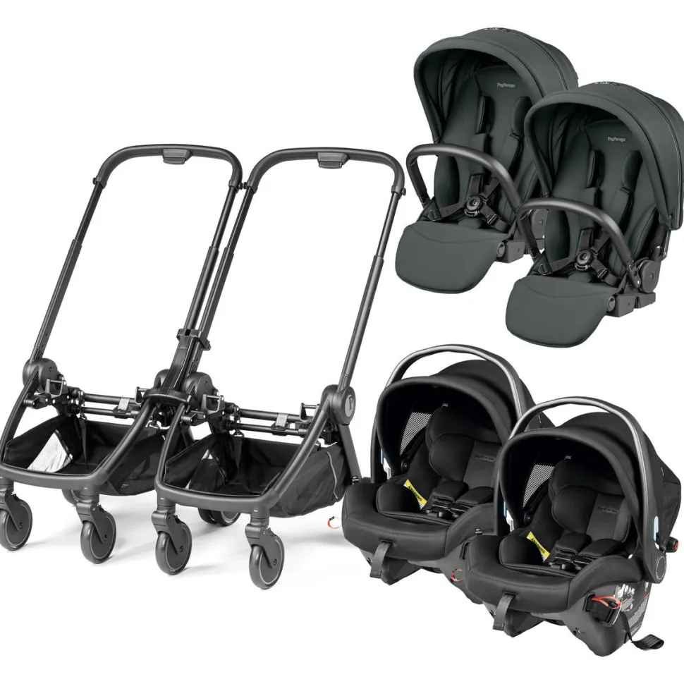 Peg Perego City Loop Twin Stroller + Primo Viaggio Urban Mobility Travel System Bundle - Black / Metal / True Black