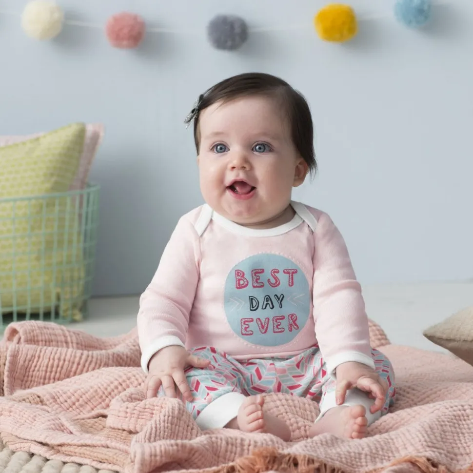 Skip Hop Long Sleeve Bodysuit & Pant Set, Best Day Ever - Pink Feather (9 Months)