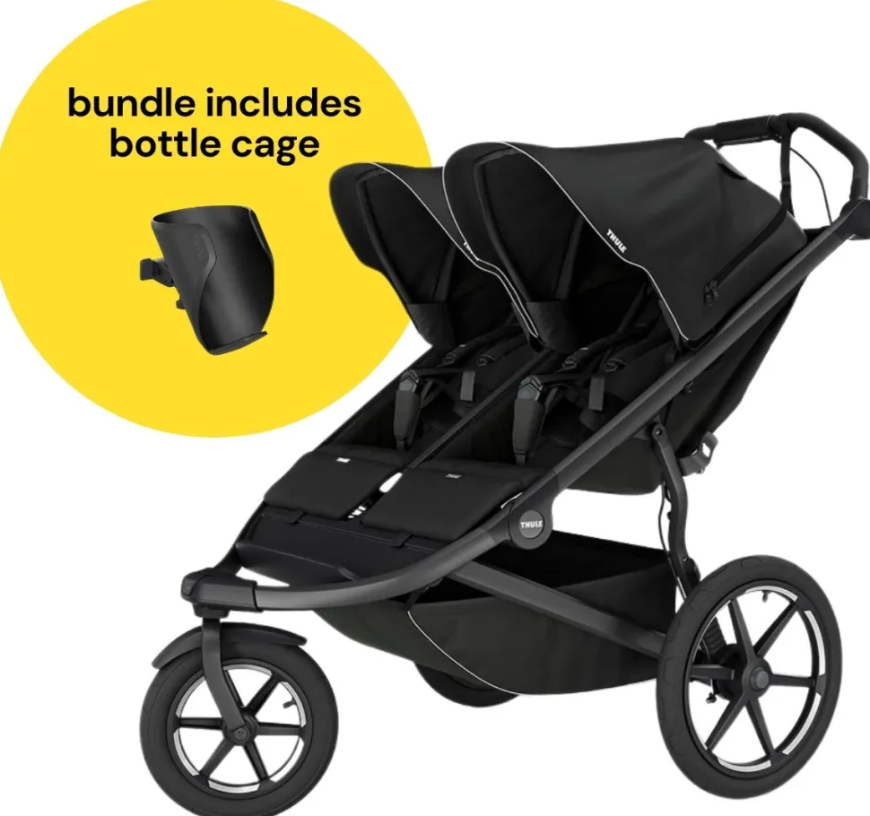 Thule Urban Glide 3 Double Jogging Stroller + Bottle Cage Bundle - Black