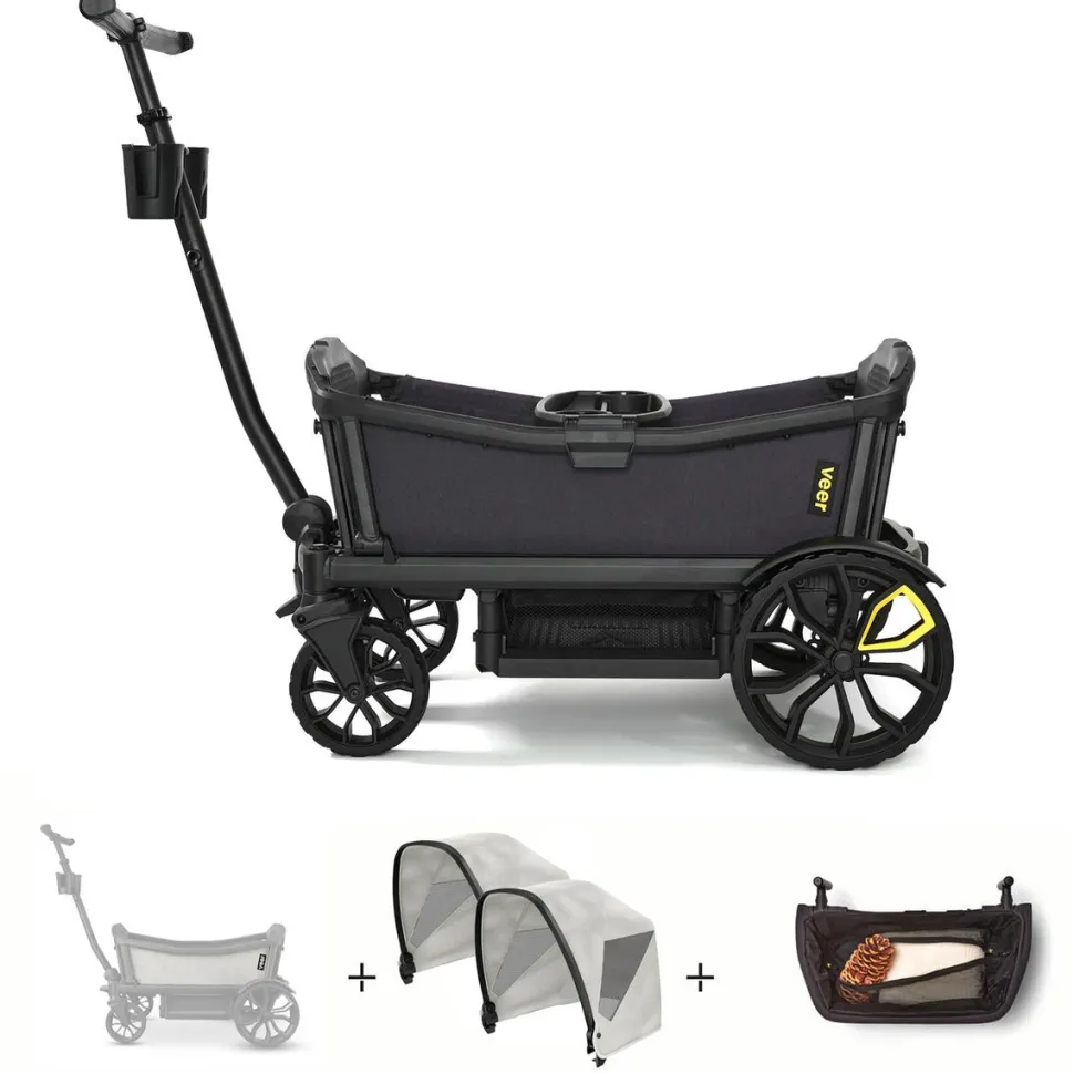 Veer All-Terrain Cruiser (2 Seater) Stroller Wagon + Sidewall Kit + 2 Canopy + Basket Bundle - Savannah White