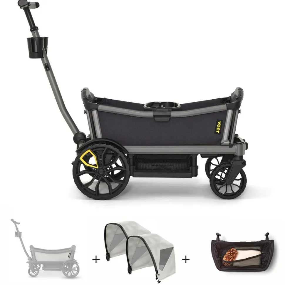 Veer Cruiser City (2 Seater) Stroller Wagon + Sidewall Kit + 2 Canopy + Basket Bundle - Savannah White